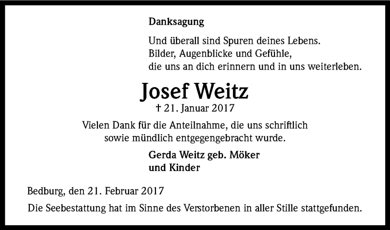  Traueranzeige für Josef Weitz vom 25.02.2017 aus Kölner Stadt-Anzeiger / Kölnische Rundschau / Express