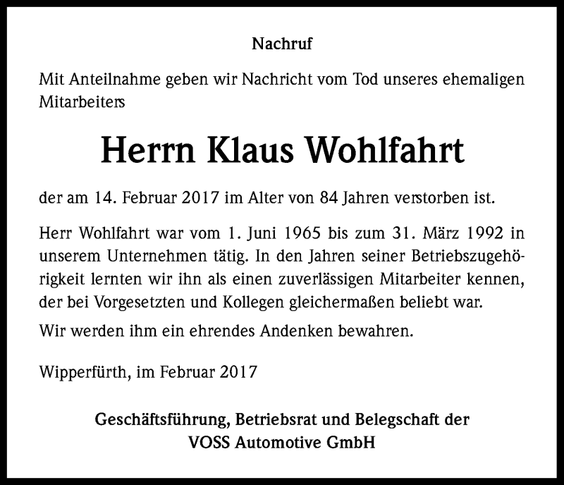  Traueranzeige für Klaus Wohlfahrt vom 18.02.2017 aus Kölner Stadt-Anzeiger / Kölnische Rundschau / Express