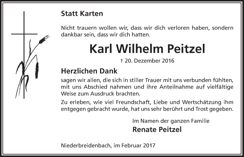  Traueranzeige für Karl Wilhelm Peitzel vom 22.02.2017 aus  Lokalanzeiger 