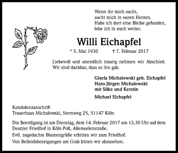 Anzeige von Willi Eichapfel von Kölner Stadt-Anzeiger / Kölnische Rundschau / Express