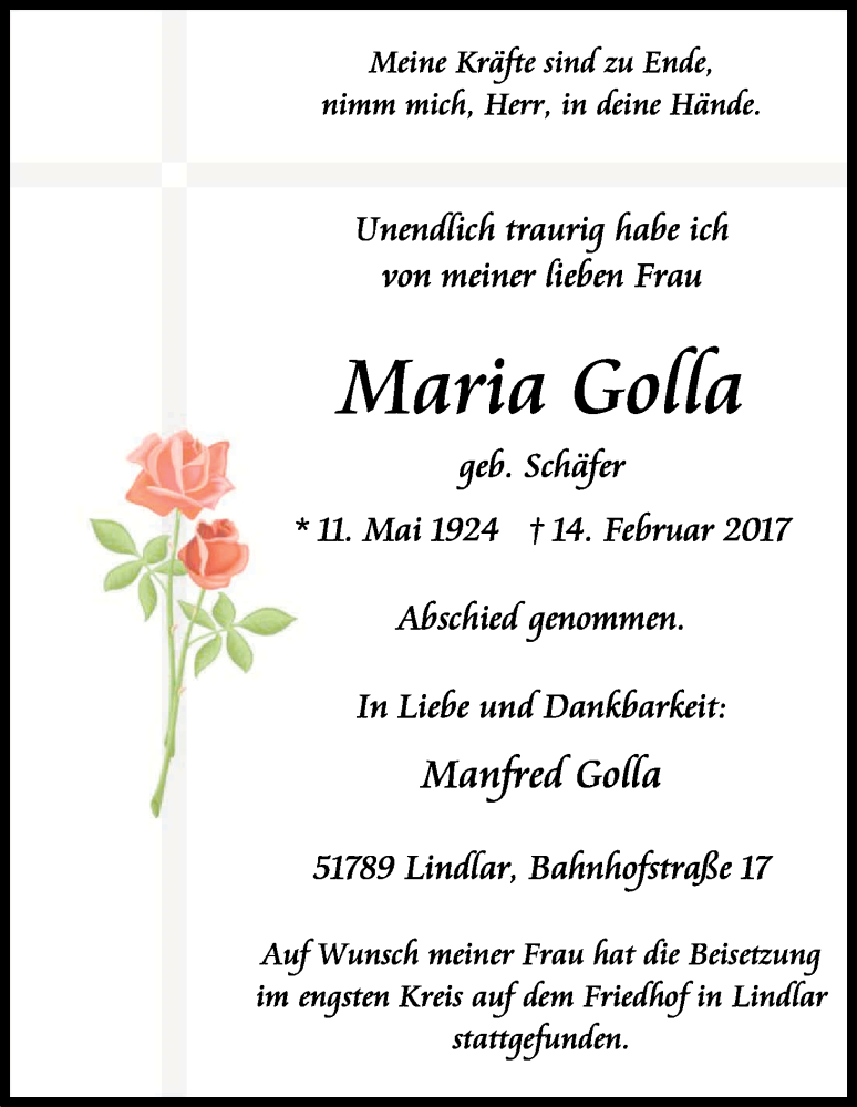  Traueranzeige für Maria Golla vom 25.02.2017 aus Kölner Stadt-Anzeiger / Kölnische Rundschau / Express