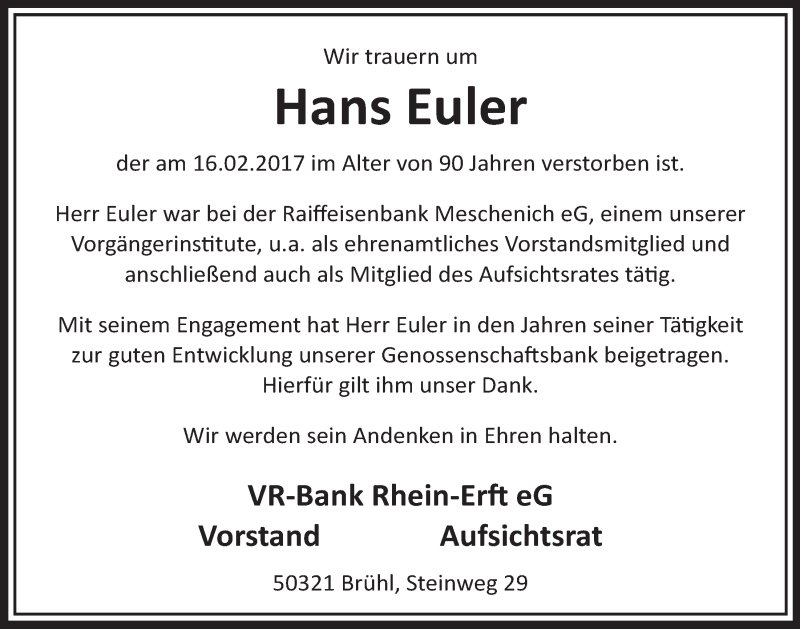  Traueranzeige für Hans Euler vom 01.03.2017 aus  Schlossbote/Werbekurier 