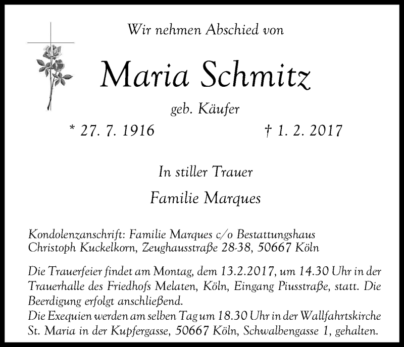  Traueranzeige für Maria Schmitz vom 08.02.2017 aus Kölner Stadt-Anzeiger / Kölnische Rundschau / Express
