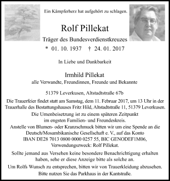Anzeige von Rolf Pillekat von Kölner Stadt-Anzeiger / Kölnische Rundschau / Express