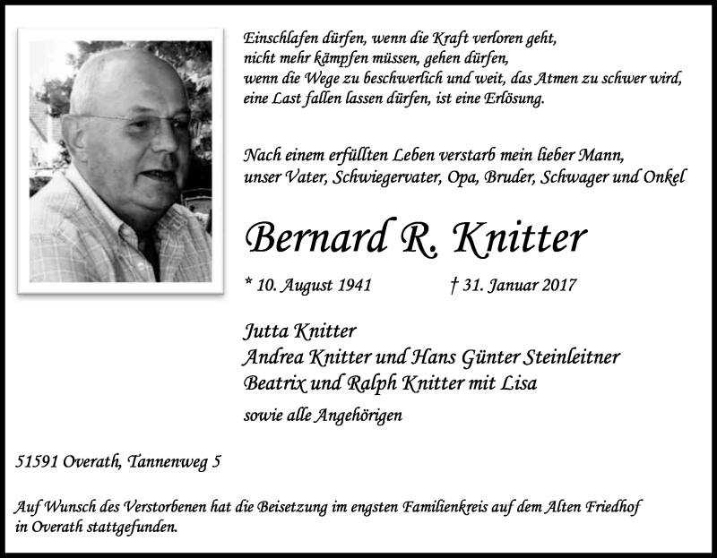  Traueranzeige für Bernard R. Knitter vom 11.02.2017 aus Kölner Stadt-Anzeiger / Kölnische Rundschau / Express
