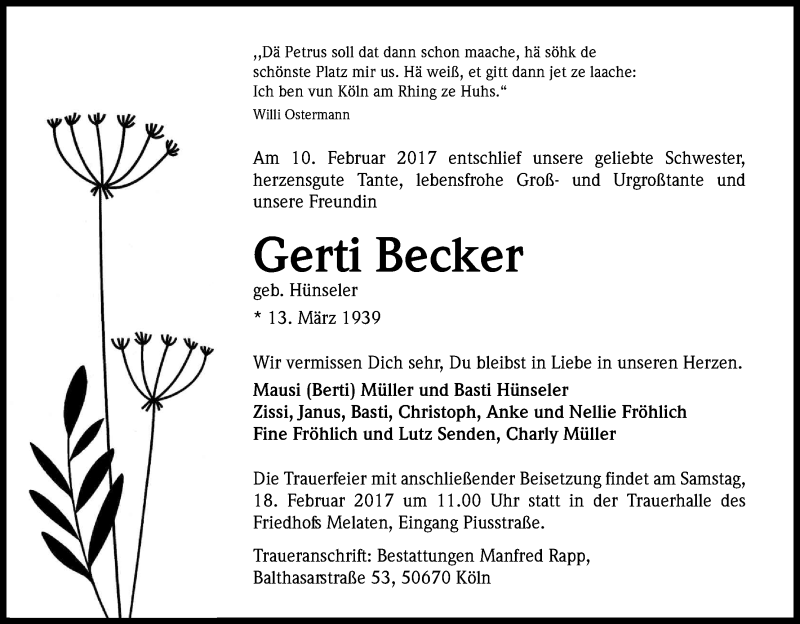  Traueranzeige für Gerti Becker vom 15.02.2017 aus Kölner Stadt-Anzeiger / Kölnische Rundschau / Express