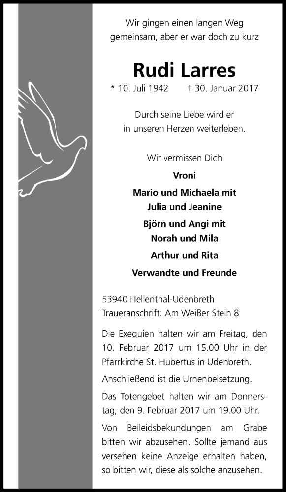  Traueranzeige für Rudi Larres vom 04.02.2017 aus Kölner Stadt-Anzeiger / Kölnische Rundschau / Express