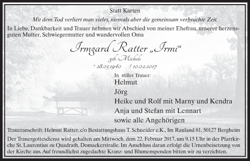  Traueranzeige für Irmgard Ratter vom 18.02.2017 aus  Sonntags-Post 