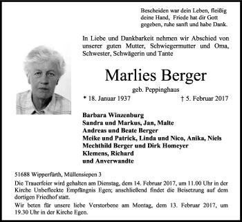 Anzeige von Marlies Berger von Kölner Stadt-Anzeiger / Kölnische Rundschau / Express