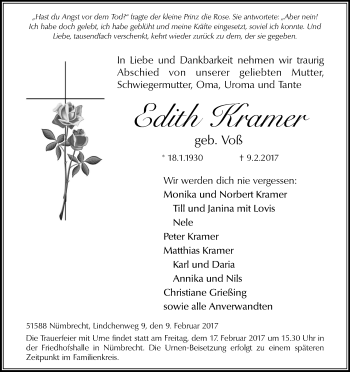 Anzeige von Edith Kramer von Kölner Stadt-Anzeiger / Kölnische Rundschau / Express
