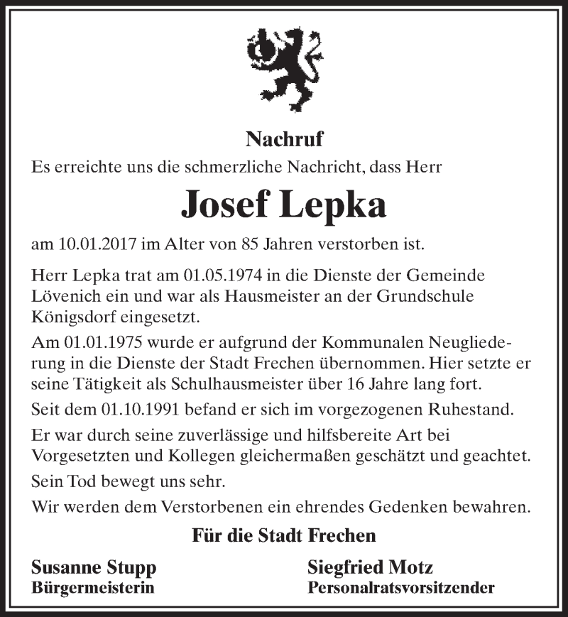  Traueranzeige für Josef Lepka vom 04.02.2017 aus  Sonntags-Post 