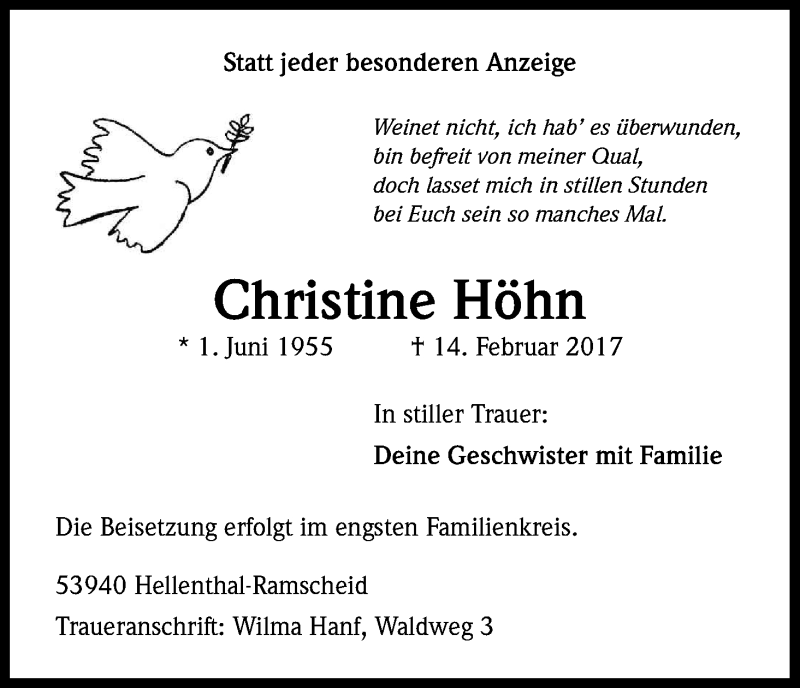  Traueranzeige für Christine Höhn vom 20.02.2017 aus Kölner Stadt-Anzeiger / Kölnische Rundschau / Express