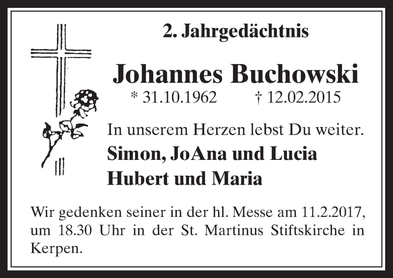  Traueranzeige für Johannes Buchowski vom 08.02.2017 aus  Werbepost 