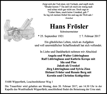 Anzeige von Hans Frösler von Kölner Stadt-Anzeiger / Kölnische Rundschau / Express