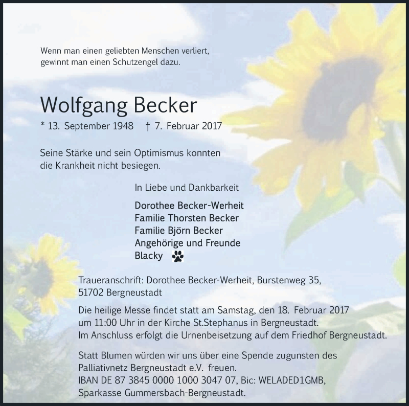  Traueranzeige für Wolfgang Becker vom 11.02.2017 aus Kölner Stadt-Anzeiger / Kölnische Rundschau / Express