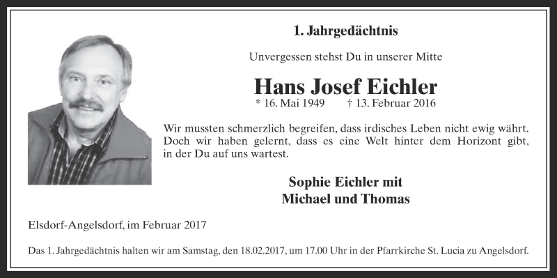  Traueranzeige für Hans Josef Eichler vom 15.02.2017 aus  Werbepost 