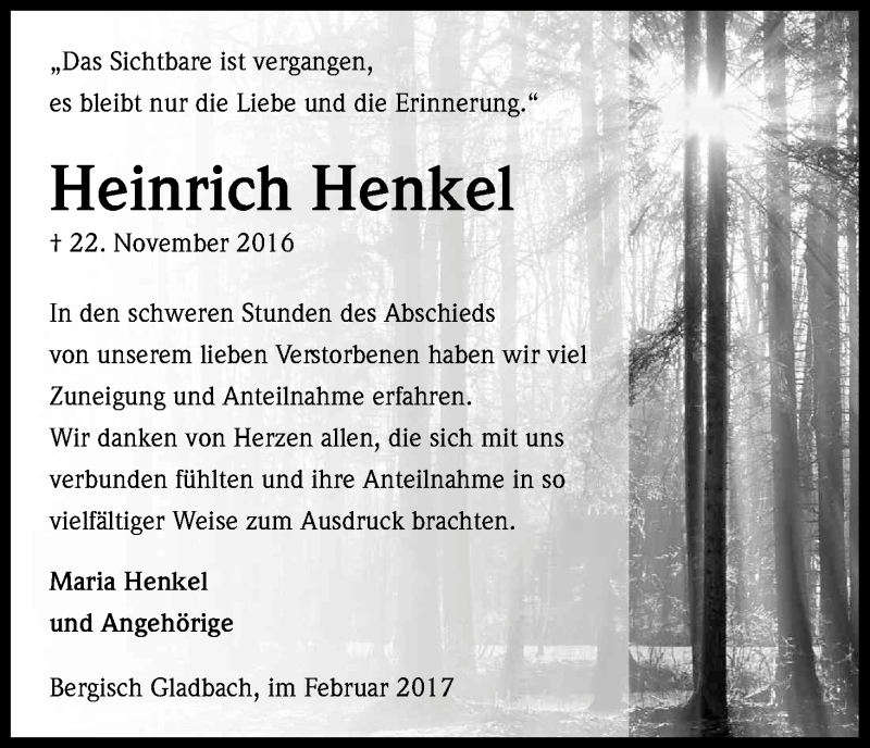  Traueranzeige für Heinrich Henkel vom 04.02.2017 aus Kölner Stadt-Anzeiger / Kölnische Rundschau / Express
