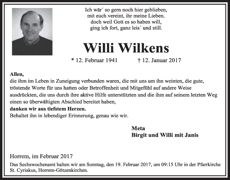  Traueranzeige für Willi Wilkens vom 11.02.2017 aus  Sonntags-Post 
