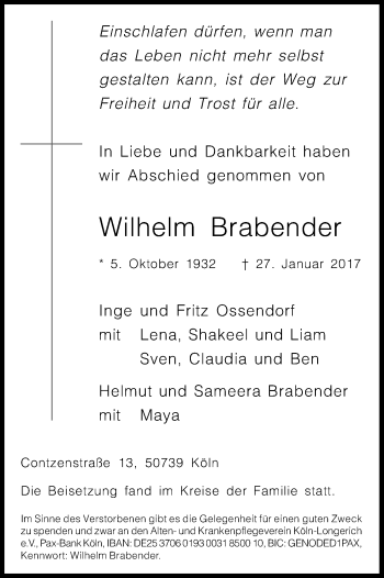 Anzeige von Wilhelm Brabender von Kölner Stadt-Anzeiger / Kölnische Rundschau / Express