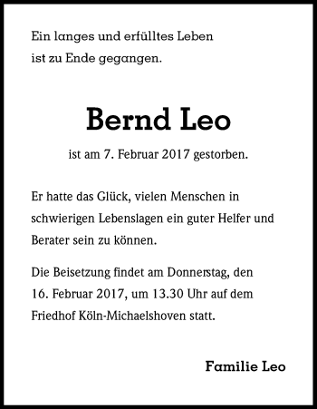 Anzeige von Bernd Leo von Kölner Stadt-Anzeiger / Kölnische Rundschau / Express