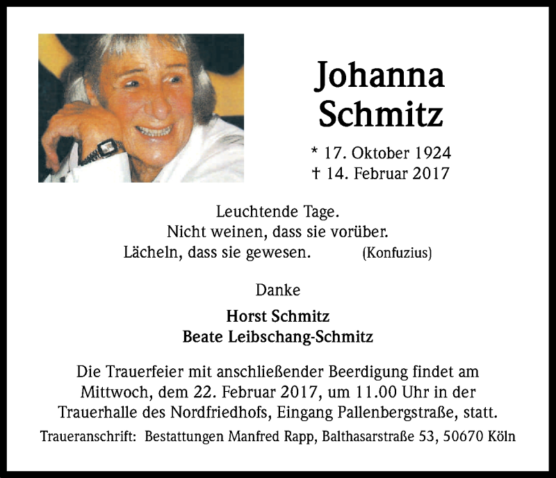  Traueranzeige für Johanna Schmitz vom 18.02.2017 aus Kölner Stadt-Anzeiger / Kölnische Rundschau / Express