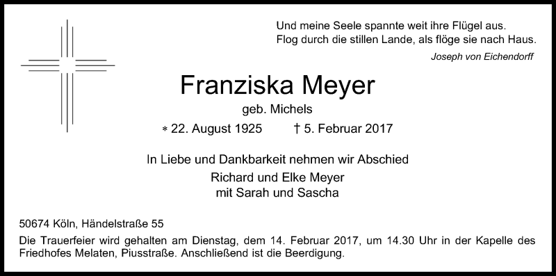  Traueranzeige für Franziska Meyer vom 11.02.2017 aus Kölner Stadt-Anzeiger / Kölnische Rundschau / Express