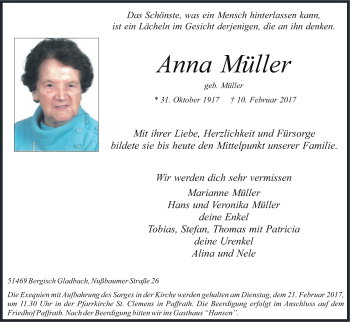 Anzeige von Anna Müller von Kölner Stadt-Anzeiger / Kölnische Rundschau / Express