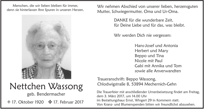  Traueranzeige für Nettchen Wassong vom 25.02.2017 aus  Blickpunkt Euskirchen 