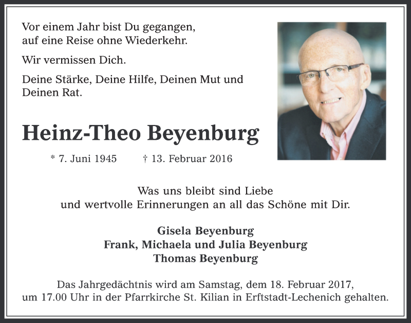  Traueranzeige für Heinz-Theo Beyenburg vom 15.02.2017 aus  Werbepost 
