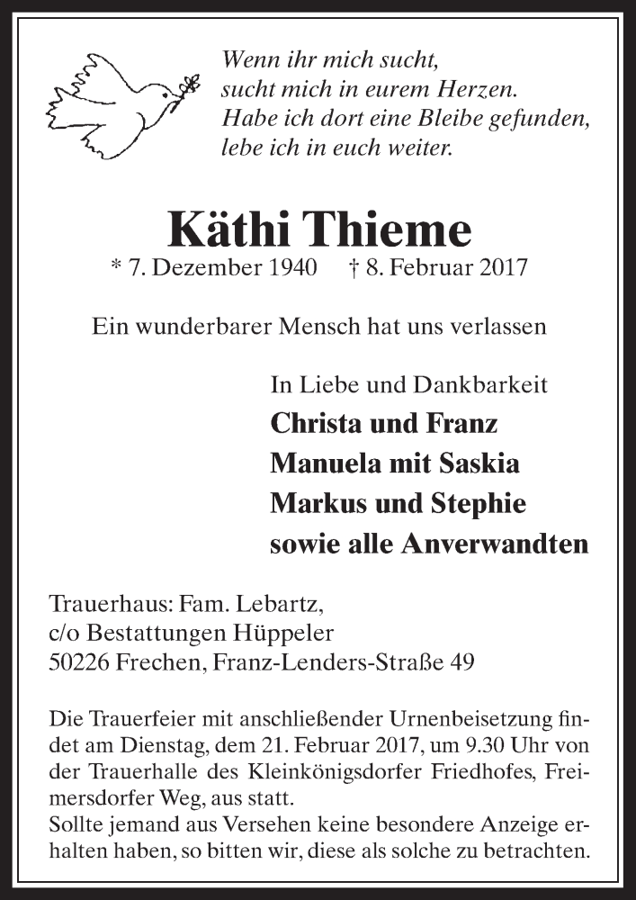  Traueranzeige für Käthi Thieme vom 15.02.2017 aus  Wochenende 