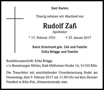 Anzeige von Rudolf Zaß von Kölner Stadt-Anzeiger / Kölnische Rundschau / Express