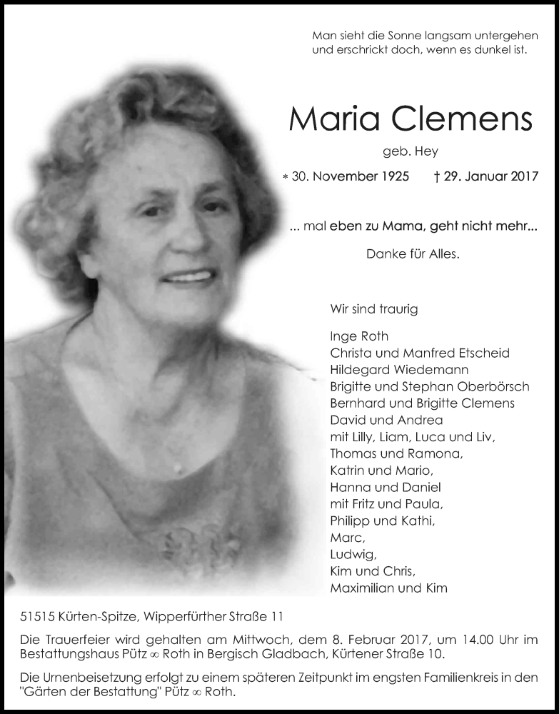  Traueranzeige für Maria Clemens vom 04.02.2017 aus Kölner Stadt-Anzeiger / Kölnische Rundschau / Express