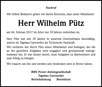Anzeige von Wilhelm Pütz von Kölner Stadt-Anzeiger / Kölnische Rundschau / Express