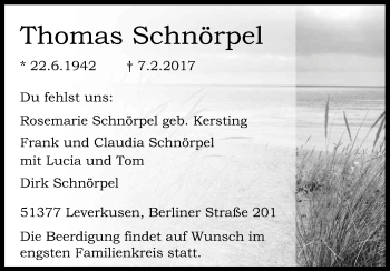 Anzeige von Thomas Schnörpel von Kölner Stadt-Anzeiger / Kölnische Rundschau / Express