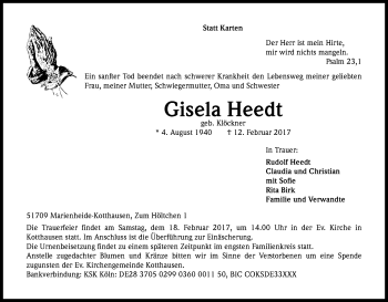 Anzeige von Gisela Heedt von Kölner Stadt-Anzeiger / Kölnische Rundschau / Express