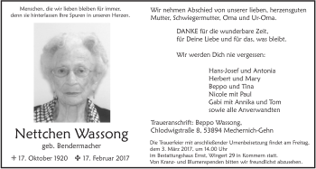 Anzeige von Nettchen Wassong von  Blickpunkt Euskirchen 
