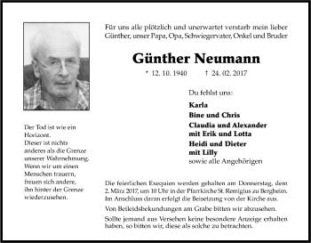 Anzeige von Günther Neumann von Kölner Stadt-Anzeiger / Kölnische Rundschau / Express