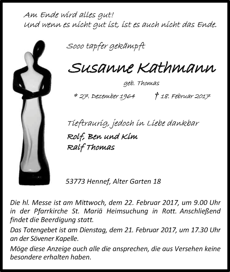  Traueranzeige für Susanne Kathmann vom 21.02.2017 aus Kölner Stadt-Anzeiger / Kölnische Rundschau / Express