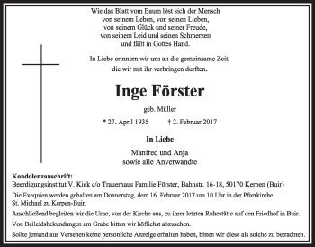 Anzeige von Inge Förster von  Sonntags-Post 