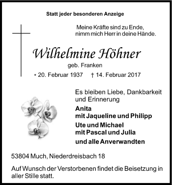 Anzeige von Wilhelmine Höhner von Kölner Stadt-Anzeiger / Kölnische Rundschau / Express