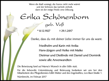 Anzeige von Erika Schönenborn von Kölner Stadt-Anzeiger / Kölnische Rundschau / Express