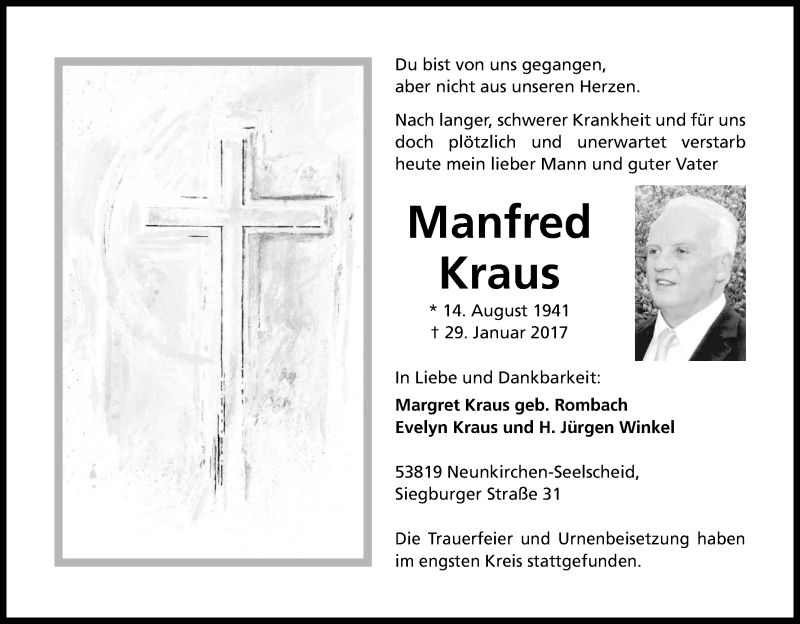  Traueranzeige für Manfred Kraus vom 11.02.2017 aus Kölner Stadt-Anzeiger / Kölnische Rundschau / Express