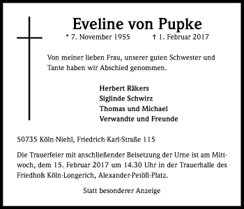 Anzeige von Eveline  von Pupke von Kölner Stadt-Anzeiger / Kölnische Rundschau / Express