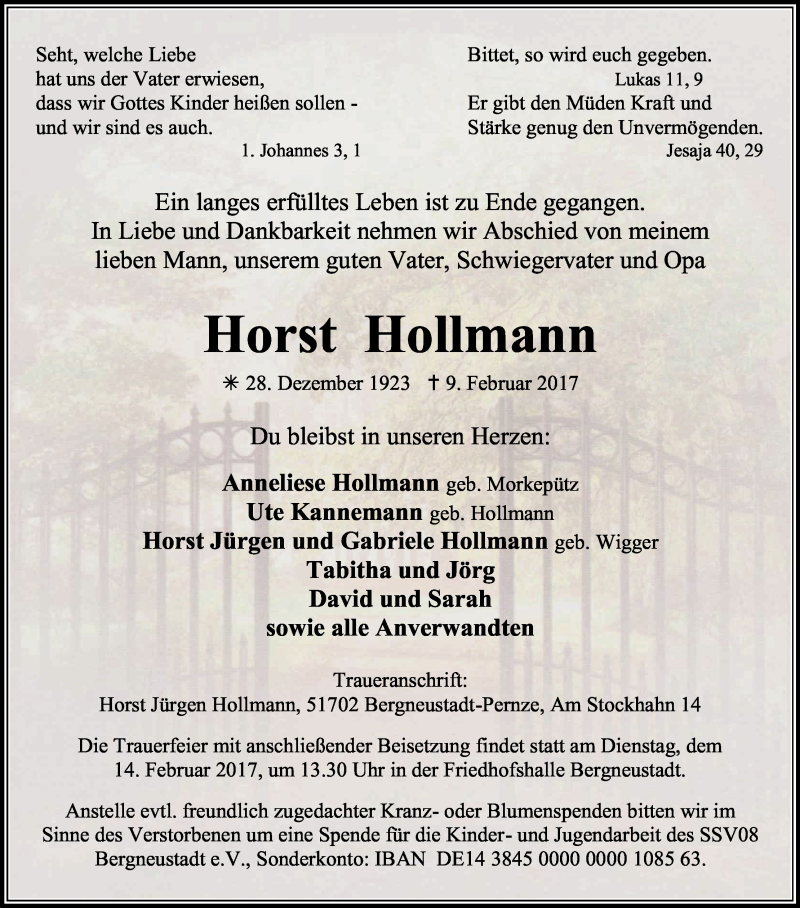  Traueranzeige für Horst Hollmann vom 11.02.2017 aus Kölner Stadt-Anzeiger / Kölnische Rundschau / Express