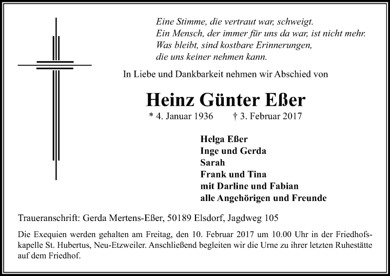  Traueranzeige für Heinz Günter Eßer vom 09.02.2017 aus Kölner Stadt-Anzeiger / Kölnische Rundschau / Express