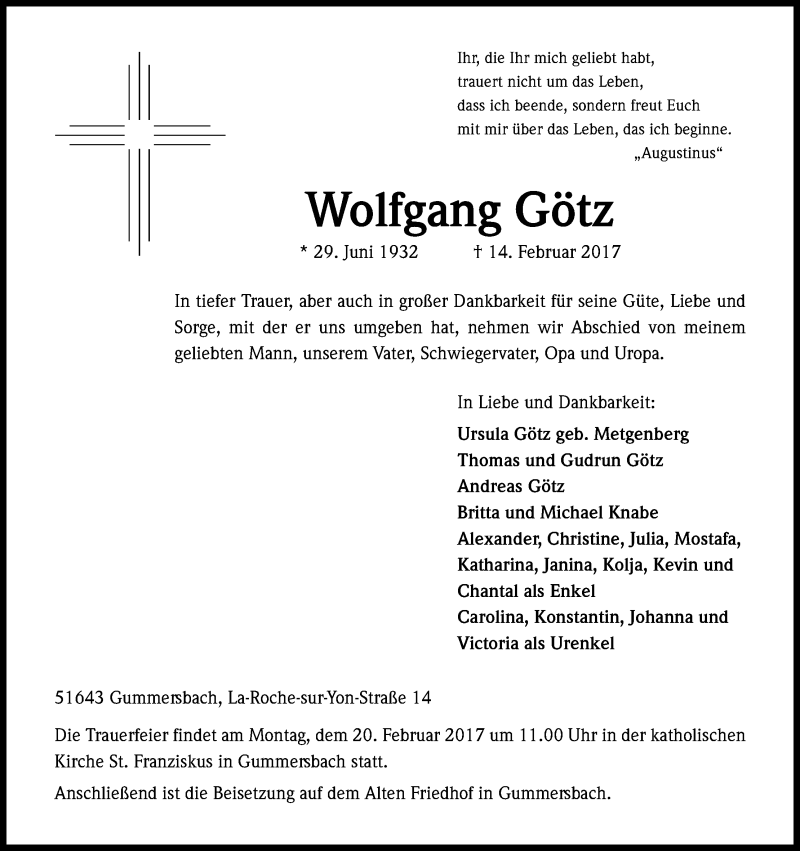 Traueranzeige für Wolfgang Götz vom 17.02.2017 aus Kölner Stadt-Anzeiger / Kölnische Rundschau / Express
