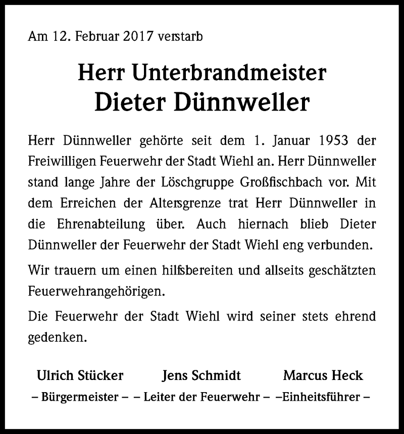  Traueranzeige für Dieter Dünnweller vom 17.02.2017 aus Kölner Stadt-Anzeiger / Kölnische Rundschau / Express