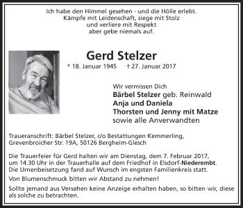 Anzeige von Gerd Stelzer von  Sonntags-Post 