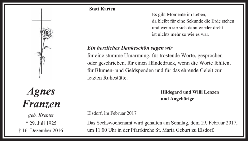  Traueranzeige für Agnes Franzen vom 11.02.2017 aus  Sonntags-Post 