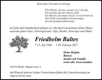 Anzeige von Friedhelm Baltes von Kölner Stadt-Anzeiger / Kölnische Rundschau / Express